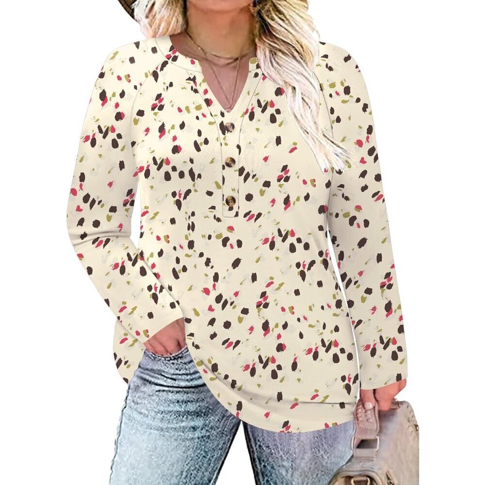 Plus Size Long Sleeve V Neck T Shirt Color Block Tunic Casual Blouse